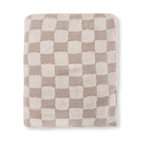 Checkered - Terry Knit Sweater Knit Baby Blankets: Tan