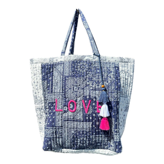 Saline Beach Tote Patchwork Bandana Navy White "Love": Cerise ikat