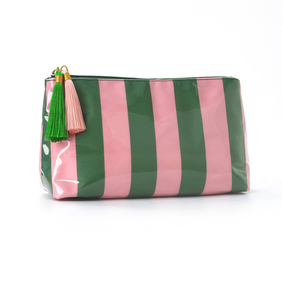 PVC Striped Makeup Bag, Waterproof Travel Cosmetic Bag: Green/Pink
