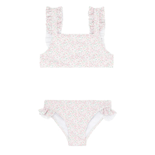 girls antique floral ruffle strap bikini
