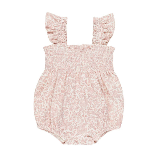smocked ruffle sleeve romper || pink blossom